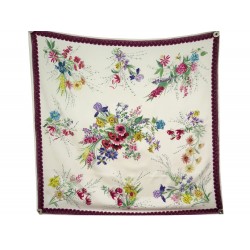 VINTAGE FOULARD HERMES FLEURS ET GALONS 90 CM EN SOIE CREME SILK SCARF 460€