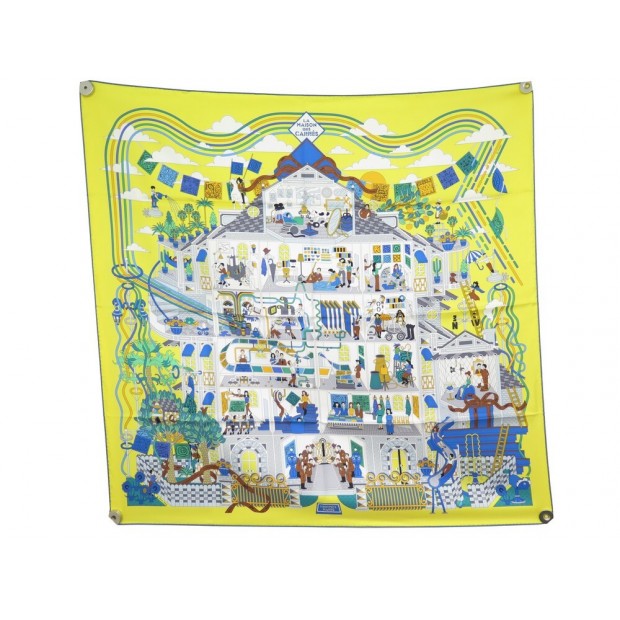 NEUF FOULARD HERMES LA MAISON DES CARRES PIERRE MARIE SOIE JAUNE SILK SCARF RARE