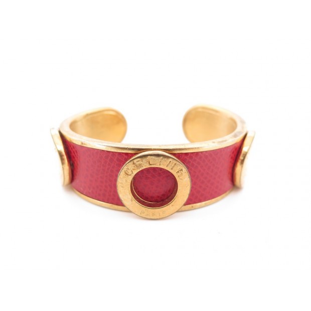 VINTAGE BRACELET CELINE 17 CM EN METAL DORE ET CUIR ROUGE RED LEATHER JEWEL