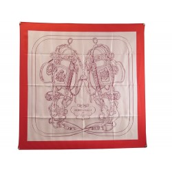 NEUF FOULARD HERMES BRIDES DE GALA RAYE CARRE 90 EN SOIE ROUGE SILK SCARF 460€