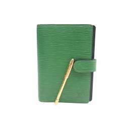 COUVERTURE AGENDA LOUIS VUITTON PM CUIR EPI VERT + STYLO BILLE METAL DORE 550€