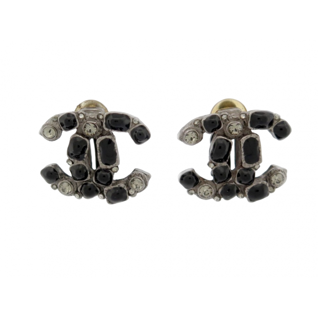 BOUCLES D'OREILLES CHANEL LOGO CC EN METAL PERLES NOIRES & STRASS EARRINGS 610€