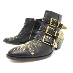 CHAUSSURES BOTTINES CHLOE SUSANNA 39.5 CUIR NOIR CLOUTE DORE BOOTS SHOES 995€