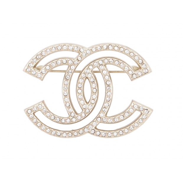 NEUF BROCHE CHANEL CHANEL LOGO CC & STRASS EN METAL DORE GOLDEN NEW BROOCH 580€