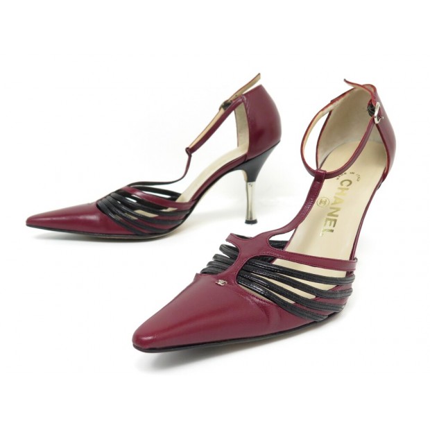 CHAUSSURES ESCARPINS CHANEL 37.5 CUIR BORDEAUX BURGUNDY LEATHER COURT SHOES 780€