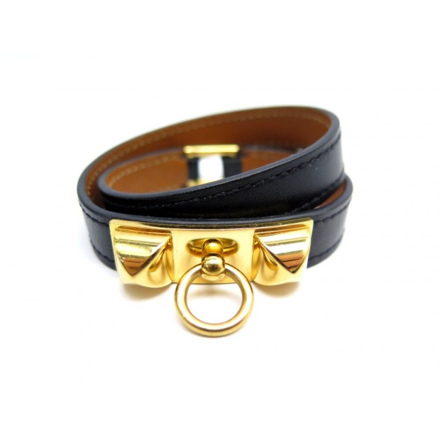 NEUF BRACELET HERMES RIVALE DOUBLE TOUR 15CM CUIR NOIR BOUCLE MEDOR LEATHER 495€