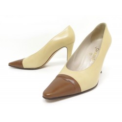 CHAUSSURES CHANEL ESCARPINS 38 EN CUIR BICOLORE BEIGE ET MARRON PUMPS SHOES 810€