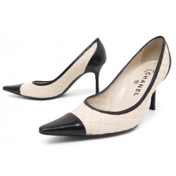 CHAUSSURES CHANEL ESCARPINS 37.5 CUIR MATELASSE BICOLORE BEIGE PUMPS SHOES 810€