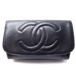 SAC A MAIN POCHETTE CHANEL EN CUIR CAVIAR LOGO CC AVEC MIROR NOIR LEATHER POUCH