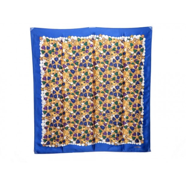 FOULARD CHANEL MOTIFS BIJOUX GRIPOIX EN SOIE BLEU & JAUNE BLUE SILK SCARF JEWEL