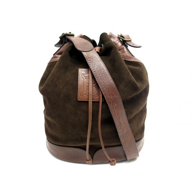 VINTAGE SAC A MAIN THOMAS BURBERRY SEAU EN DAIM ET CUIR MARRON 29 CM BUCKET BAG