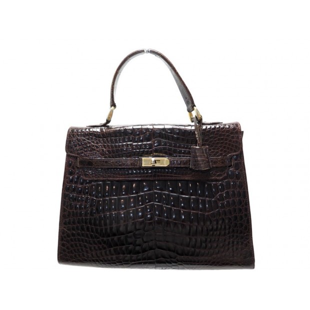 VINTAGE SAC A MAIN RABAT TYPE KELLY EN CUIR CROCODILE MARRON LEATHER HAND BAG