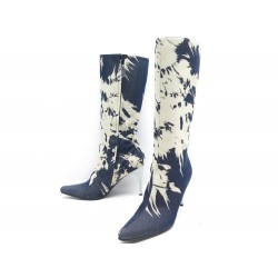 BOTTES CELINE HAUTES A TALONS EN TOILE DENIM BLEU BLANC 38 BLUE BOOTS SHOE 1200€