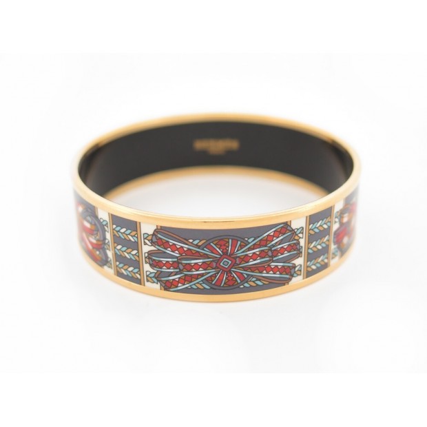 BRACELET HERMES LARGE EN EMAIL IMPRIME RUBANS DU CHEVAL DORE PRINTED BOITE 540€