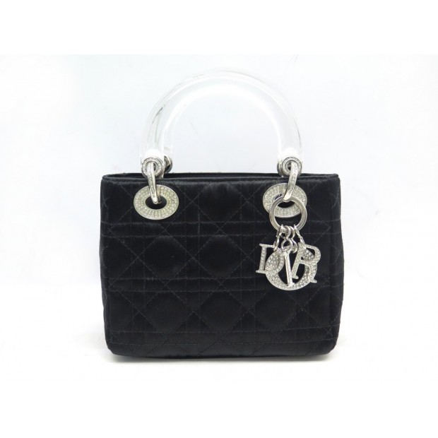 SAC A MAIN CHRISTRIAN DIOR LADY MINI EN TOILE NOIR CANNAGE LOGO STRASS BAG 4300€