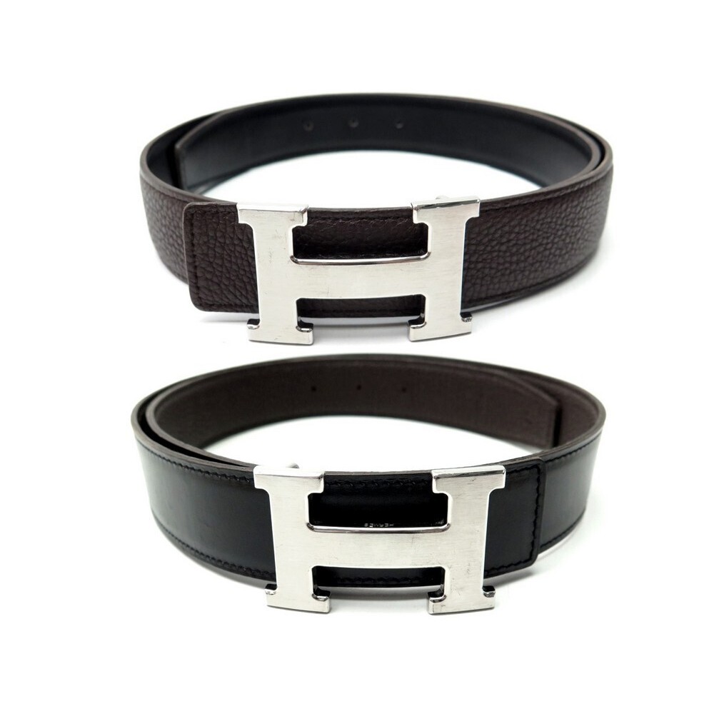 Hermes H Leather Buckle 38MM Reversible Belt Togo Leather In Black/Silver