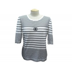 T-SHIRT CHANEL MARINIERE LOGO CC MANCHES 3/4 40 M COTON BLEU & BLANC TOP 1550€