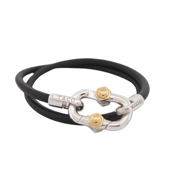 NEUF BRACELET TIFFANY & CO MAKERS 1837 CORDON CUIR 20 OR 18K & ARGENT STRAP 650€