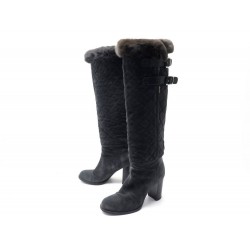 BOTTES A TALONS CHANEL 37.5 EN DAIM FOURREES FOURRURE DE LAPIN BOOTS 1800€