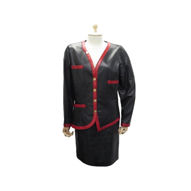 ENSEMBLE TAILLEUR CHANEL VESTE ET JUPE M 38 NOIR & ROUGE BLACK JACKET AND SKIRT