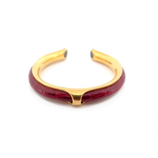 VINTAGE BRACELET HERMES 14.5 EN PLAQUE OR & CUIR CROCODILE ROUGE GOLD BANGLE