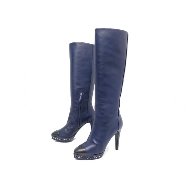 BOTTES CHANEL G30406 A TALONS 38 CUIR BLEU CHAINE ENTRELACEE LOGO CC BOOTS 1250€