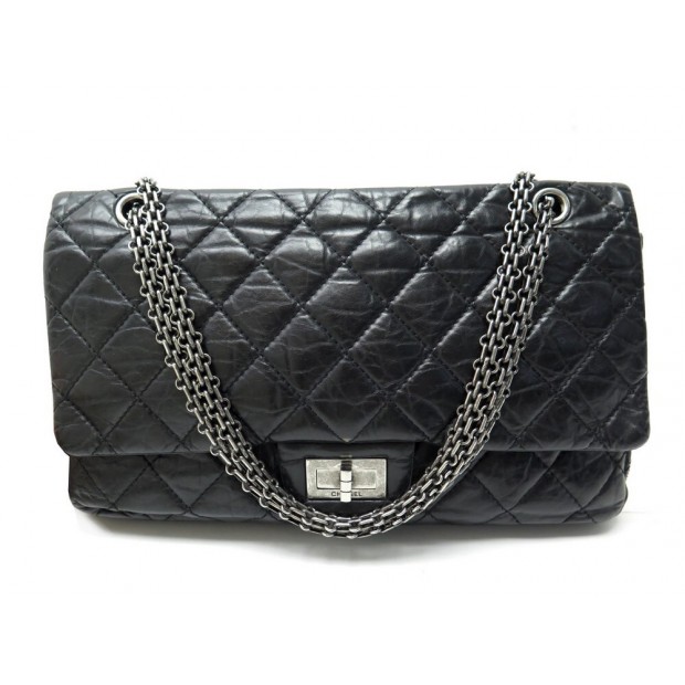 SAC A MAIN CHANEL GRAND 2.55 MADEMOISELLE CUIR VIEILLI NOIR HAND BAG PURSE 9700€