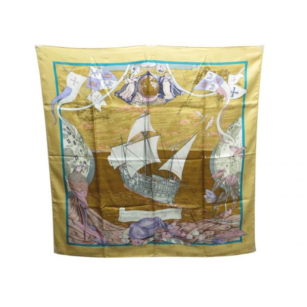 FOULARD HERMES CHRISTOPHE COLOMB CARRE EN SOIE BROCHEE JACQUARD SILK SCARF 350€