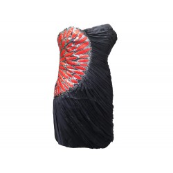 NEUF ROBE BUSTIER DE CREATEUR JAY AHR S 36 SOIE SEQUINS ROUGE NOIR DRESS 3550€