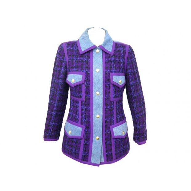 VESTE CHANEL TWEED & DENIM MATELASSE 42 L VIOLET BLEU BLUE PURPLE JACKET 5700€