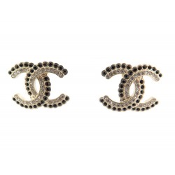 NEUF BOUCLES D'OREILLES CHANEL LOGO CC DOUBLE RANG STRASS NOIRS EARRINGS NEW