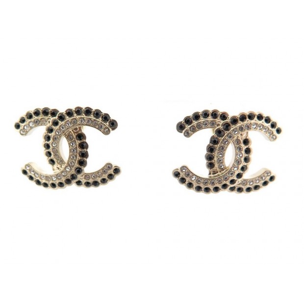 NEUF BOUCLES D'OREILLES CHANEL LOGO CC DOUBLE RANG STRASS NOIRS EARRINGS NEW