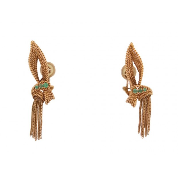 BOUCLES D'OREILLES EN OR JAUNE 18K A PAMPILLES EMERAUDES EMERALDS GOLD EARRINGS