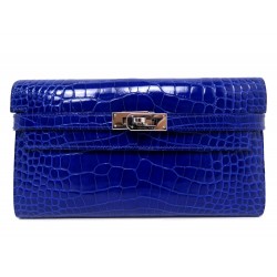 NEUF PORTEFEUILLE HERMES KELLY CUIR ALIGATOR MISSISSIPI BLEU CROCO WALLET 10900€