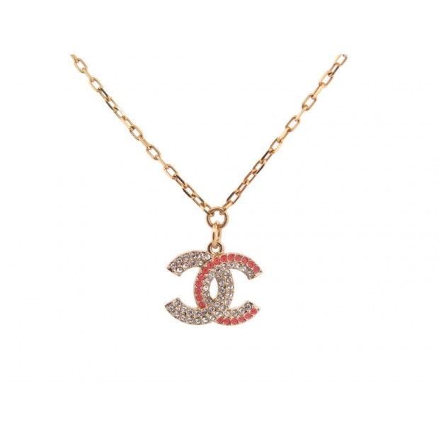 NEUF COLLIER CHANEL PENDENTIF LOGO CC STRASS MULTICOLORE DORE NECKLACE 1630€