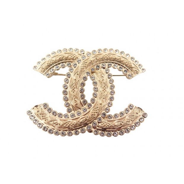 NEUF BROCHE CHANEL LOGO CC ET STRASS 2022 EN METAL DORE GOLDEN BROOCH 550€