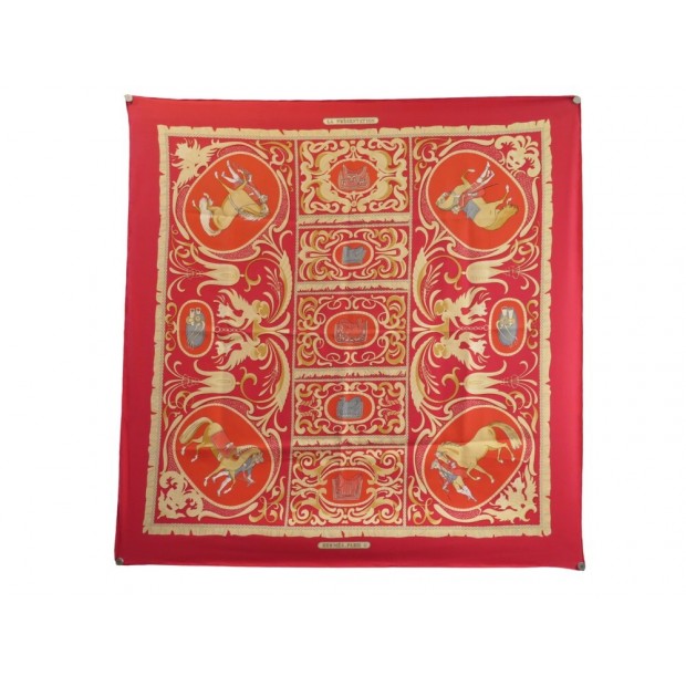 VINTAGE FOULARD HERMES PRESENTATION DE CHEVAUX CARRE 90 ROUGE EN SOIE SCARF 460€