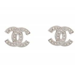 NEUF BOUCLES D'OREILLES CHANEL MINI LOGO CC ET STRASS ARGENTE NEW EARRINGS 420€