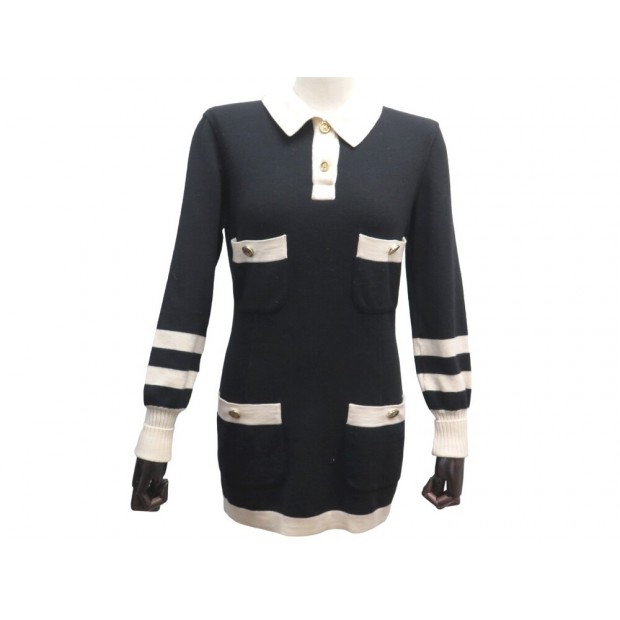 ROBE PULL CHANEL NOIR & BLANC BOUTONS LOGO CC 38 M EN LAINE MERINOS DRESS 4890€