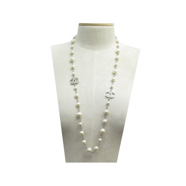 NEUF COLLIER CHANEL DOUBLE LOGO CC SAUTOIR 82 CM PERLES PEARLS NECKLACE 1500€