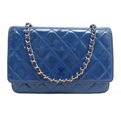 SAC A MAIN CHANEL WALLET ON CHAIN EN CUIR VERNI BLEU BANDOULIERE WOC BAG 3650€