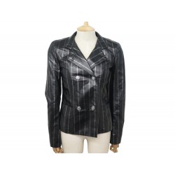 VESTE CHANEL BLAZER TAILLE 40 M EN CUIR NOIR A RAYURES LEATHER COAT JACKET 8570€