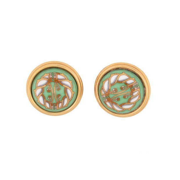 VINTAGE BOUCLES D'OREILLES HERMES CLIPS EN EMAIL VERT DORE GREEN GOLDEN EARRINGS