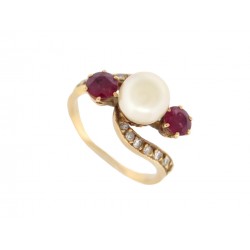 BAGUE PERLE PERLE SOLITAIRE SERTIE 13 DIAMANTS RUBIS T50 OR JAUNE 18K 3.6GR RING