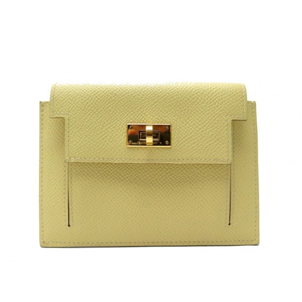 NEUF PORTEFEUILLE HERMES KELLY POCKET COMPACT MONNAIE EN CUIR EPSOM JAUNE WALLET