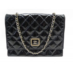 VINTAGE SAC A MAIN CHANEL RABAT LOGO CC EN CUIR VERNIS NOIR LEATHER PURSE 5900€