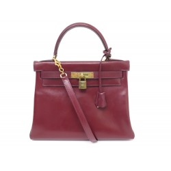 VINTAGE SAC A MAIN HERMES KELLY 28 RETOURNE EN CUIR BOX BORDEAUX BANDOULIERE BAG