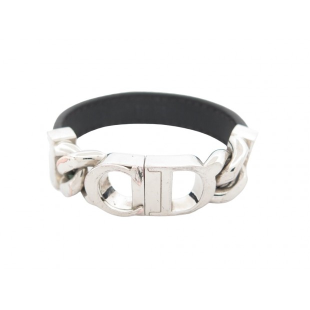 BRACELET DIOR CD ICON 17 CM B1270HOMLE EN CUIR NOIR ET ACIER PALLADIE 490€