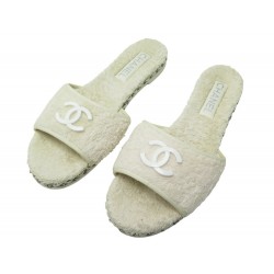 CHAUSSURES CHANEL MULES SANDALES EN TISSU EPONGE 40 BLANC WHITE SANDALS 1500€