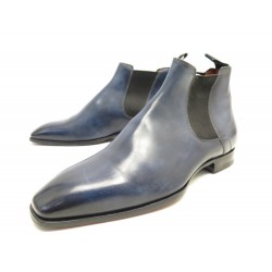 CHAUSSURES SANTONI BOTTINES CHELSEA 5 IT 40 FR CUIR PATINE BLEU BOOTS SHOE 750€